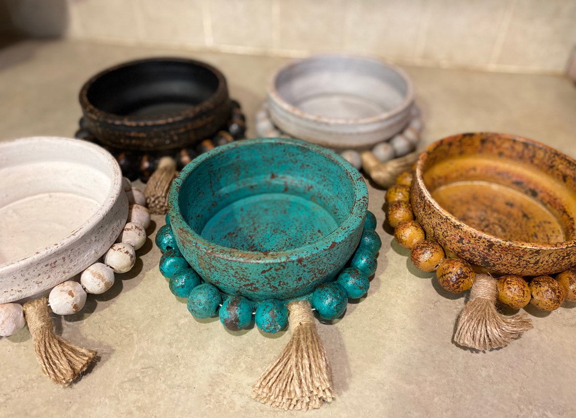 Decorative Wood Bowl | Beaded Farm Bowl | Barnyard River